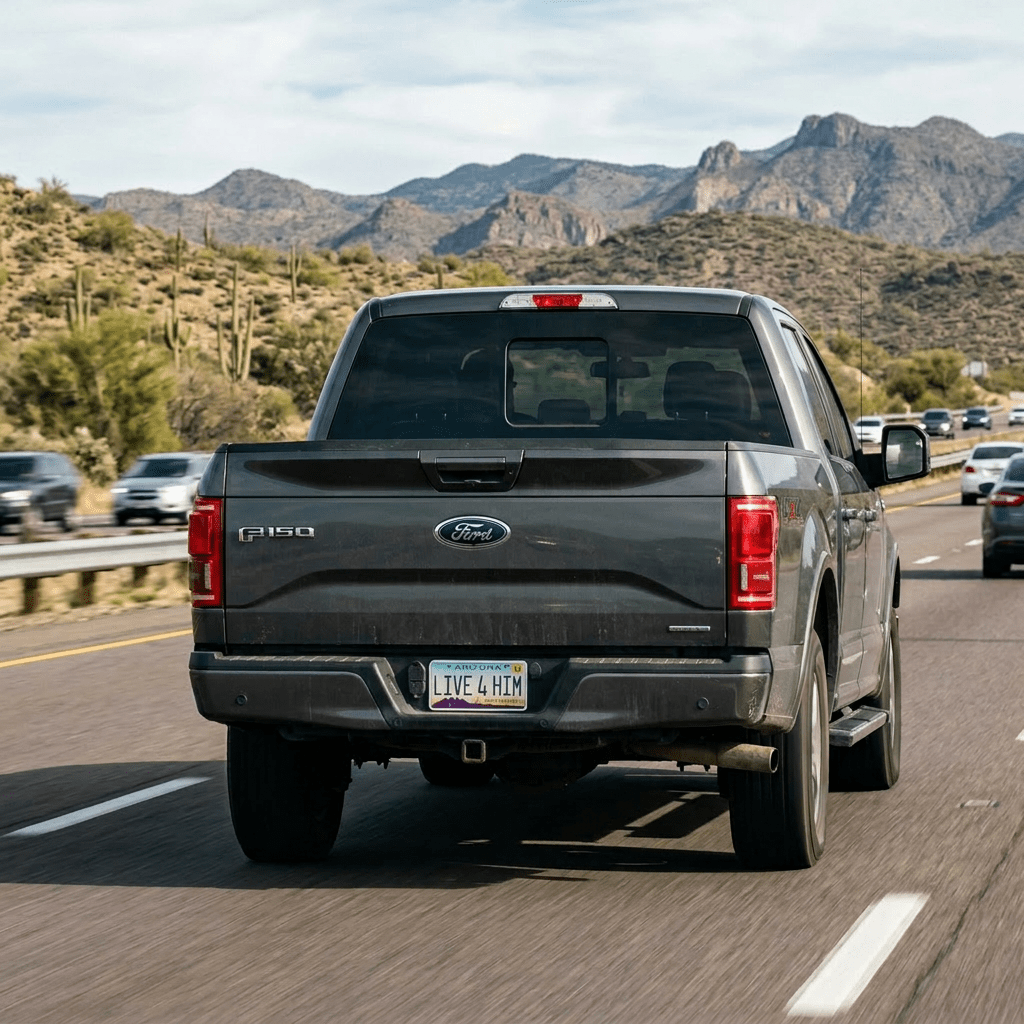 Gray Ford F-150 pickup truck with Arizona license plate reading 'LIVE FOR HIM' driving on highway