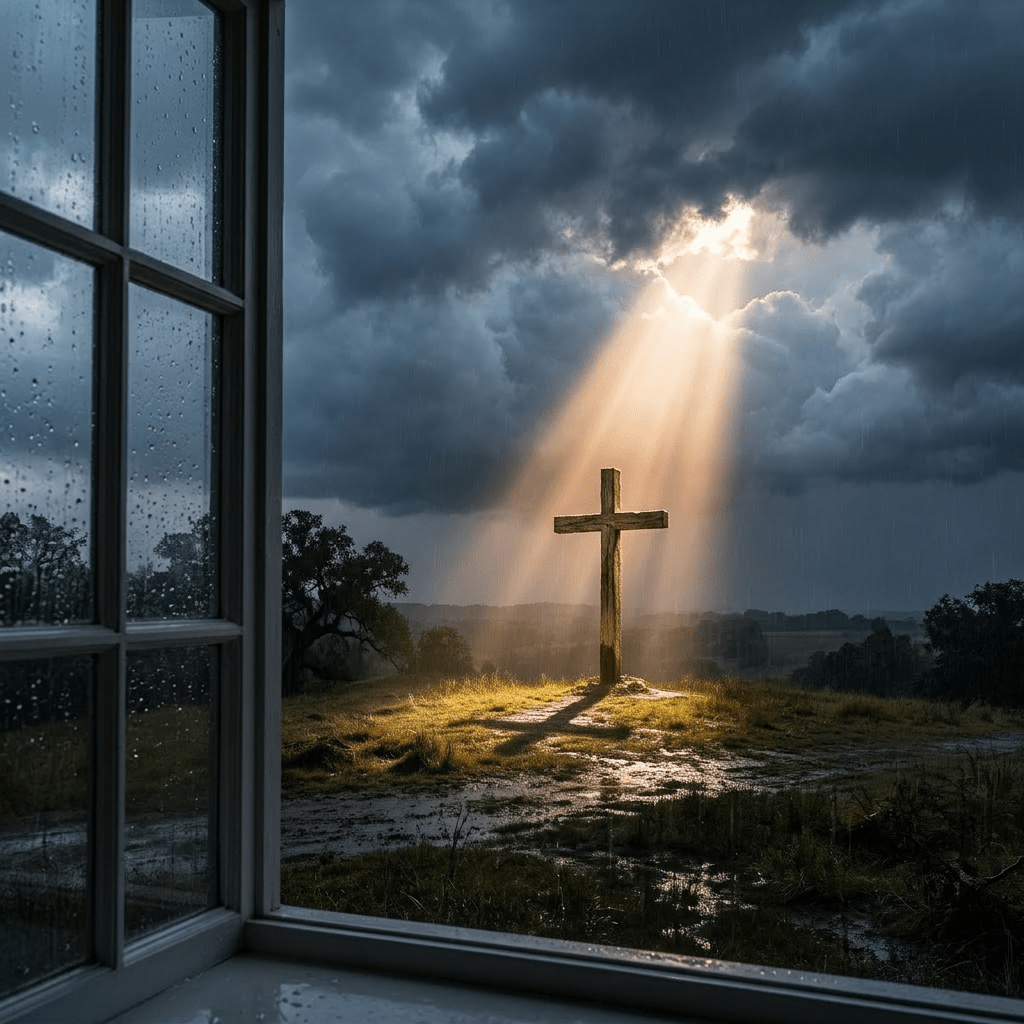 Wooden cross on grassy hill lit by sunlight through dark storm clouds