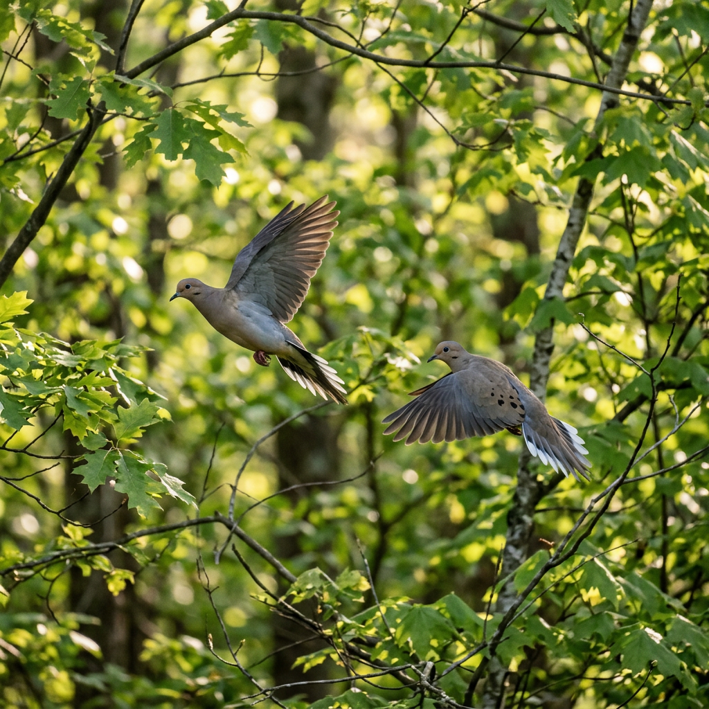 Two mourning doves flying with wings spread over green leafy forest background