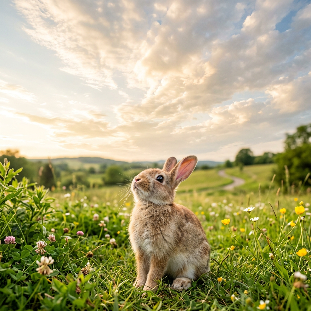 Brown rabbit sitting in green grass with wildflowers and a cloudy sky