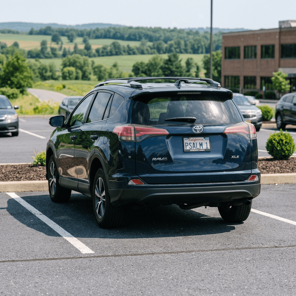 Rear view of dark blue Toyota RAV4 parked on gravel shoulder next to winding country road with wildflowers